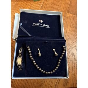 Bella & Rose Black Pearl Necklace, Earring & Watch Set -New Beautiful -Vintage